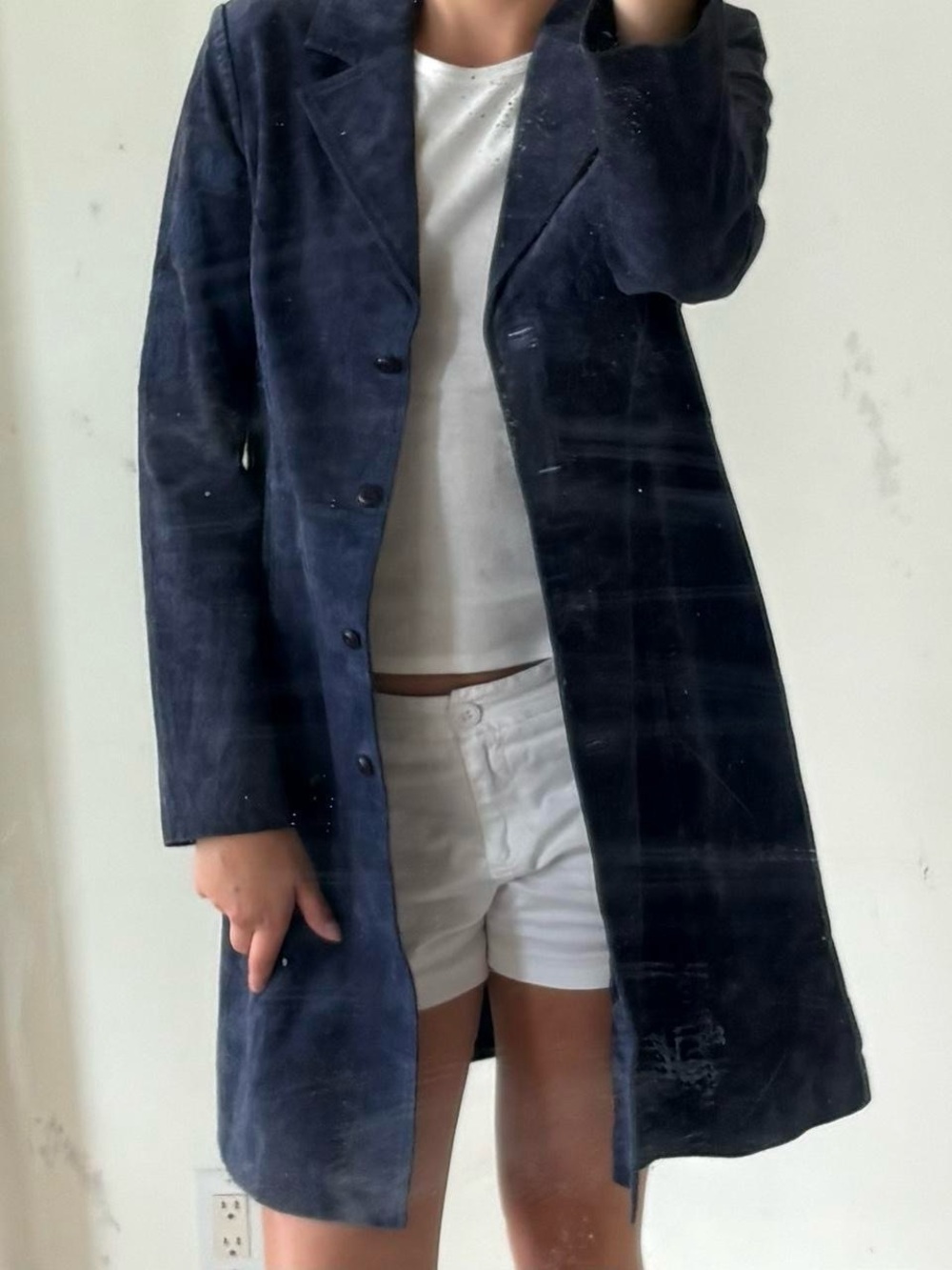Women's Navy Suede Long Coat with Embroidered Detail - Picture 4 of 6